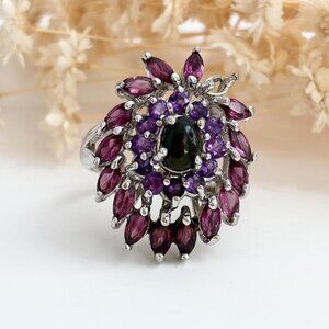 Peacock Feather Amethyst Gemstone Sterling Silver Vintage Ring - sz 8